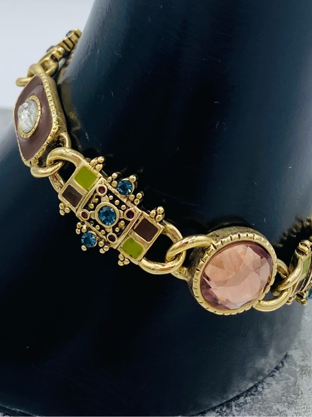 Vintage Liz Claiborne Gold Tone Link Earth Tone Enamel And Rhinestone Bracelet